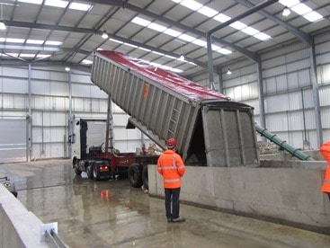 One of the first vehicles arrives to tip waste at Agrivert's Trumps Farm AD facility in Surrey
